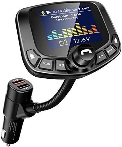 Bluetooth FM Transmitter Autóba, 1.8 Színes kijelző Vezeték nélküli Rádió Adapter Autós Kihangosító Készlet a QC3.0 & 5V/2.4. A Töltés,