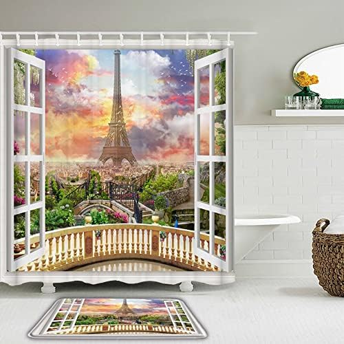 2db Meghatározott Eiffel-Torony Minta tájépítészet Zuhanyzó Függöny Szett Vízálló, Csúszásmentes Szőnyeg Szőnyeg, Wc, Fürdőszoba lakberendezés