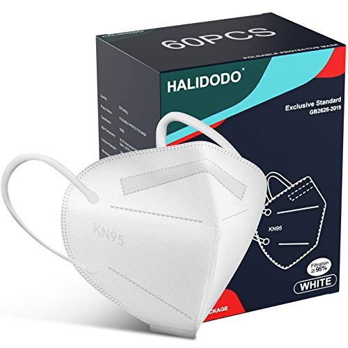 HALIDODO 60 Csomag KN95 Maszk, 5 Rétegű Kényelmes Szűrő, Biztonsági Maszk, Védő előlap Maszk (Fehér)