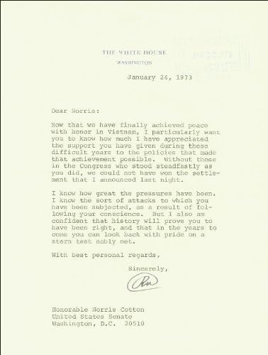 Elnök Richard M. Nixon - Gépelt Levelet Írt Alá 01/24/1973